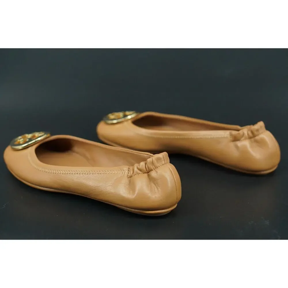Tory Burch Women's Minnie Travel Ballet Flats Gold Logo Size 7 New